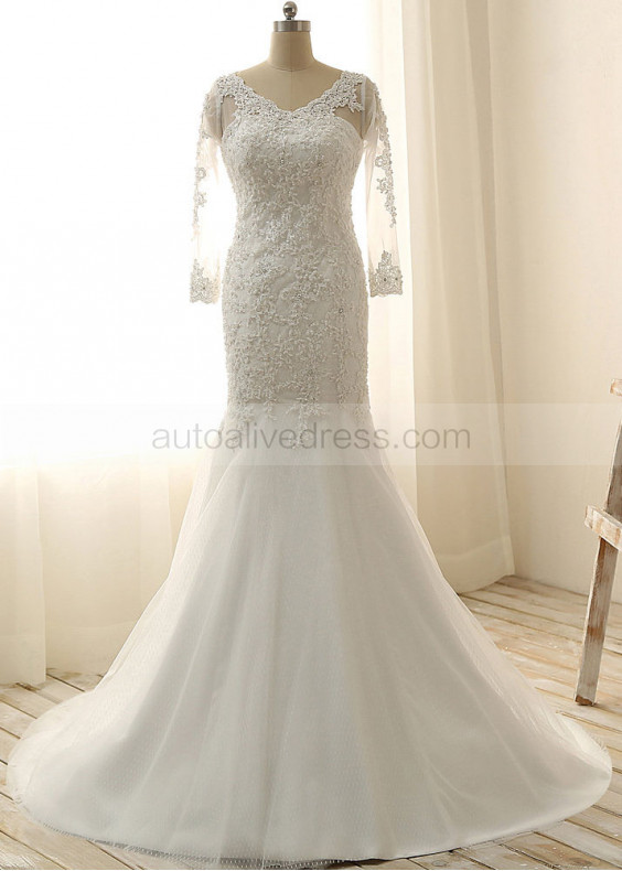 Ivory Lace Tulle Long Sleeves Keyhole Back Mermaid Wedding Dress 